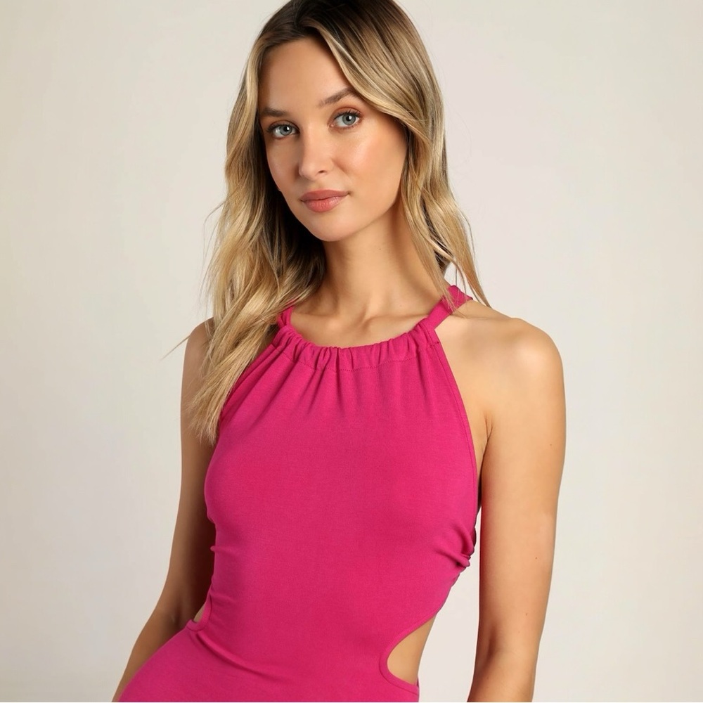Lulus Adoring Aura Magenta Halter Neck Cutout Lace-Up Maxi Dress MEDIUM - Picture 4 of 5